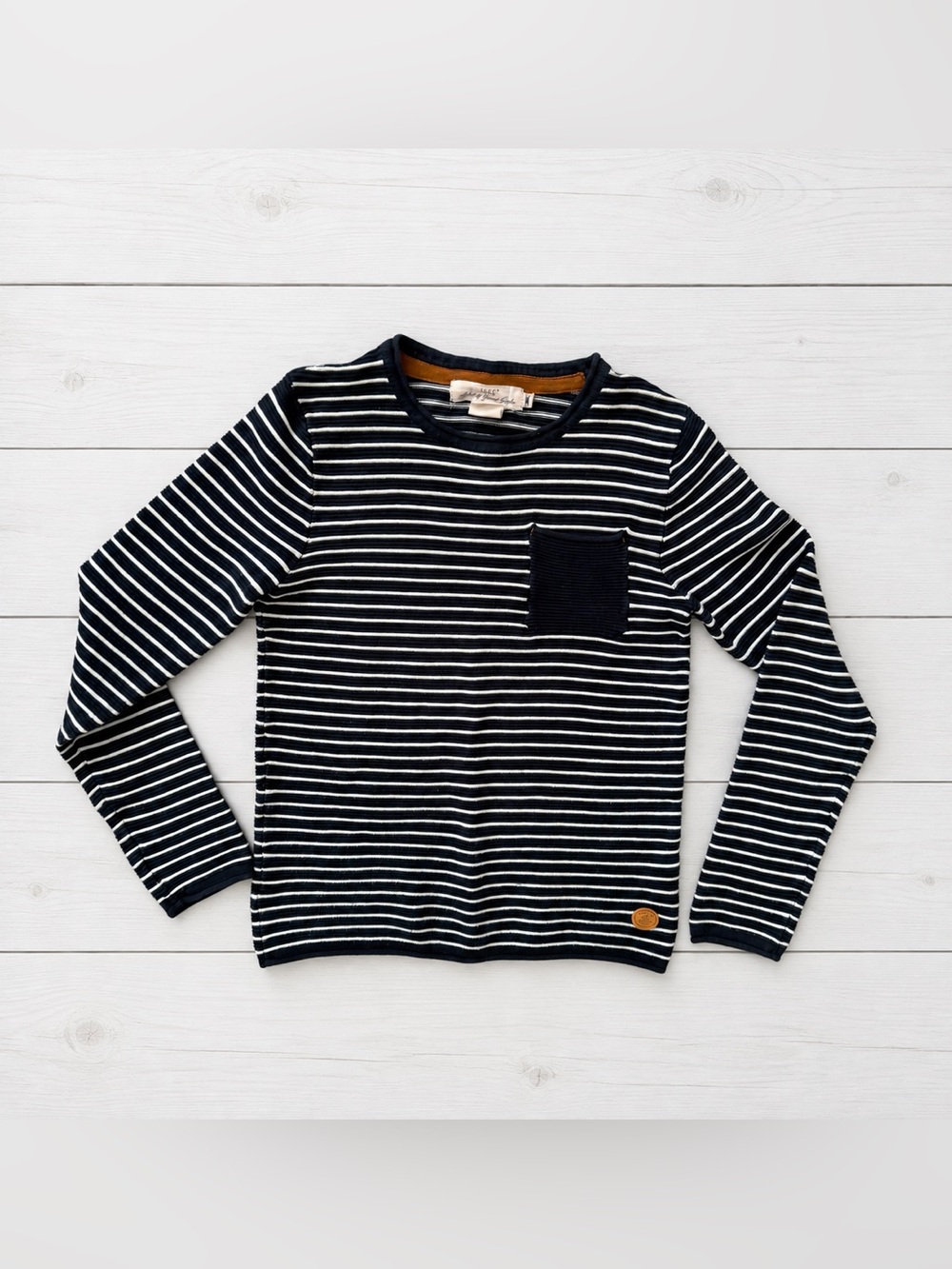 H&M Boys Knit Sweater Navy and White Striped Pocket Size 8-10 years